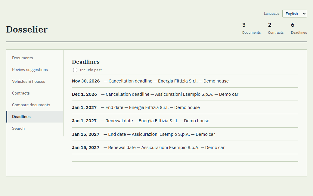 The deadlines screen: a chronological list of cancellation, renewal and end dates, each with its provider and the vehicle or house it concerns.