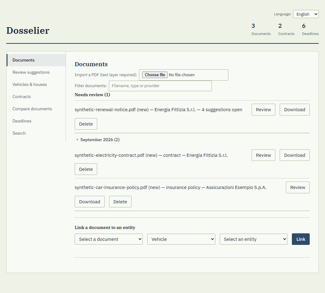 The Documents screen: a group of documents that still need review, and a month group with the reviewed ones, each with Review, Download and Delete.