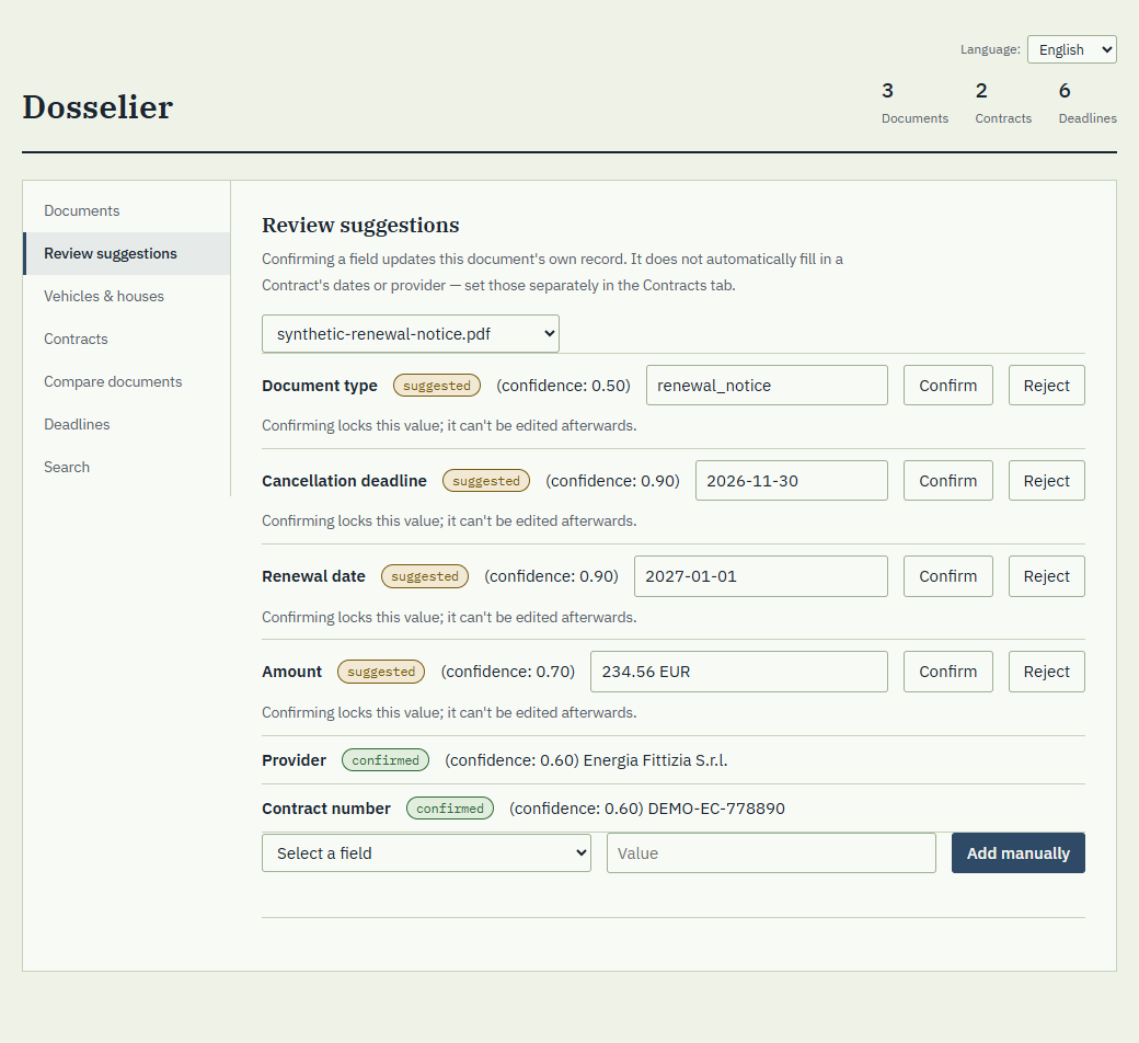 The Dosselier review screen for a renewal notice: four suggested values with confidence scores and Confirm or Reject buttons, and two already confirmed values.
