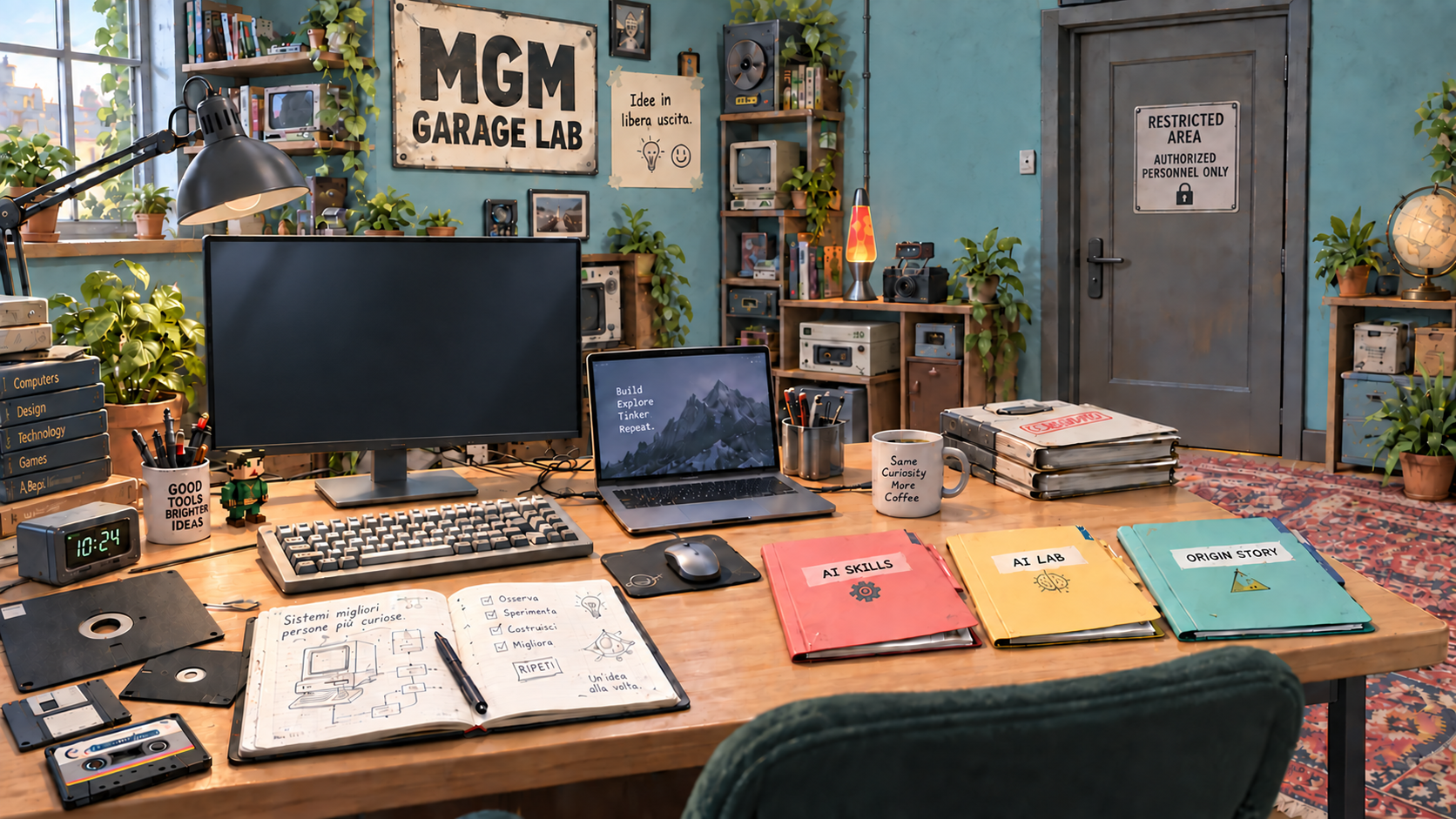 Una scrivania con monitor moderno pronto per un agente AI, notebook, caff&egrave; e cartelle. Sulle librerie i vecchi computer; sul tavolo floppy e cassette. In fondo, una porta con cartello Restricted Area e uno spazio poster intercambiabile.
