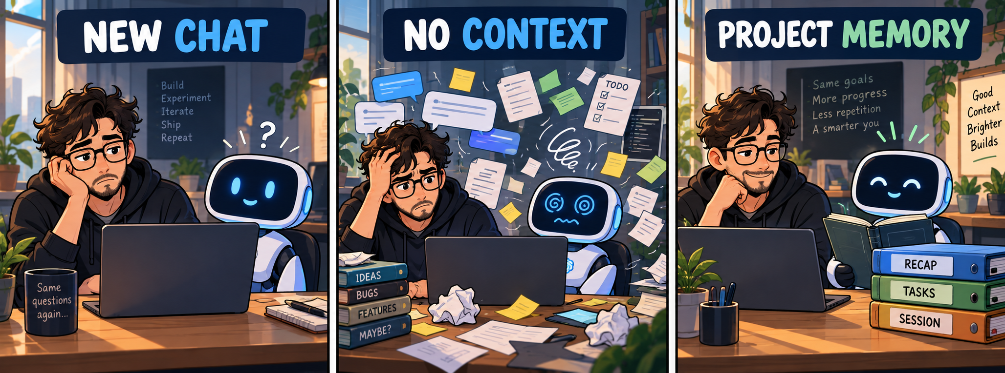 Three-panel comic labelled New Chat, No Context, Project Memory, showing an AI assistant moving from confusion to organized project memory with RECAP, TASKS and SESSION files.