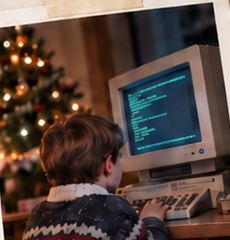 Foto di un bambino davanti a un home computer anni 80, con l'albero di Natale sullo sfondo.